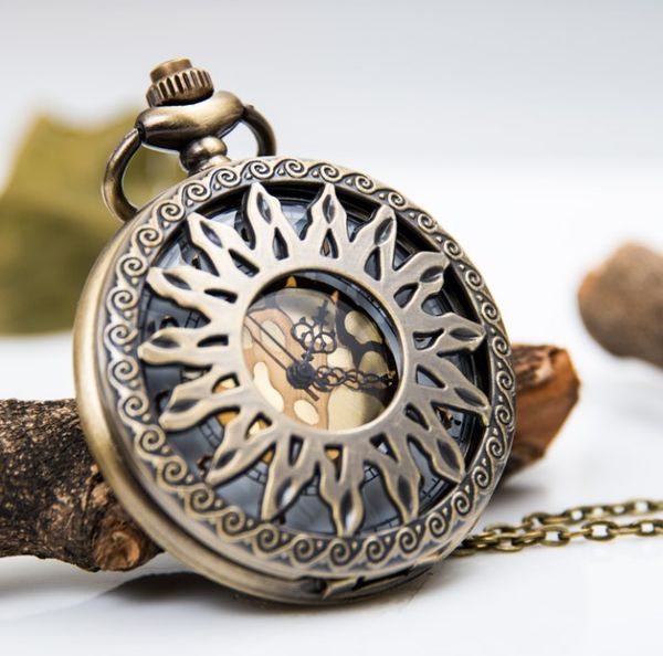 

antique copper steampunk vintage hollow bronze quartz pocket watch necklace pendant clock chain men's women gift, Slivery;golden