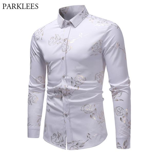 Mens Hipster Gold Rose Printed Shirt 2018  Slim Fit White Casual Long Sleeve Dress Shirts Men Prom Performing Chemise Homme