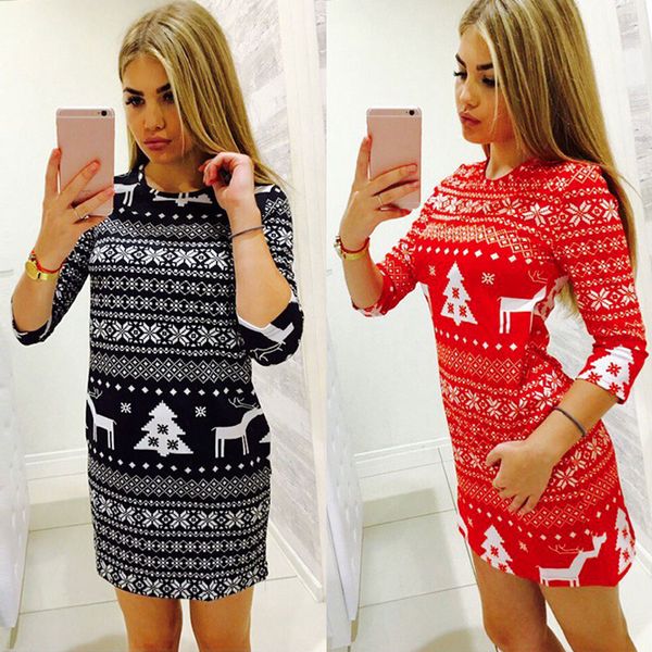 

women's christmas deer printed knitted mini dress 2018 winter female fashion clothes ladies casual warm sweater pullover vestido, White;black