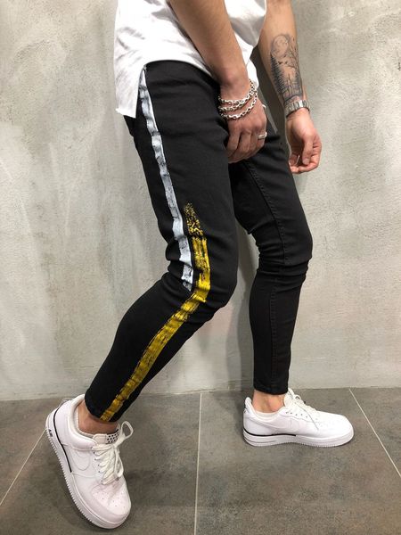 

mens fashion high street slim jeans long trousers pencil pants man side striped design washed jeans mens hip hop denim pants jeans, Blue