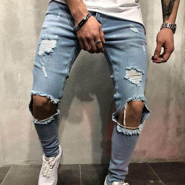 

men's jeans new hole slim slim men's trousers denim distress frayed biker jeans boys embroidered pencil trousers, Blue
