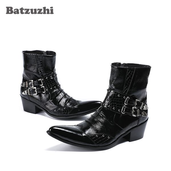 botas hombre Stivali da uomo fatti a mano Rock Stivali alla caviglia con punta a punta Stivali in pelle nera Uomo con fibbie Tacchi da 6,5 cm Stivali Shory militari