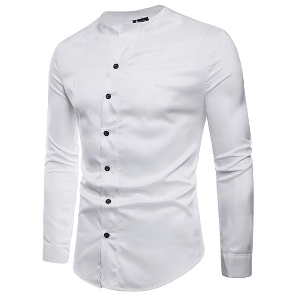 

2018 new mens fashion boutique solid color stand collar casual long-sleeved shirts / mens slanting door sill slim shirts, White;black