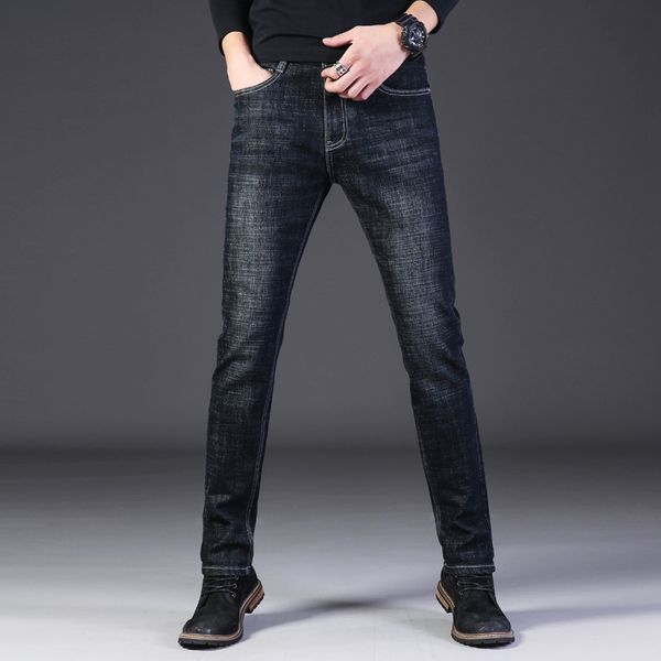 

2018 new men autumn winter thick jeans warm soft men jeans casual stretch slim classic trousers denim pants, Blue
