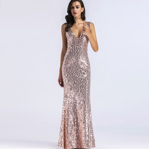 

luxury gold sequin women maxi dresses 2018 fashion summer deep v neck shinny long party cocktail evening gowns sleeveless birthday robe, Black