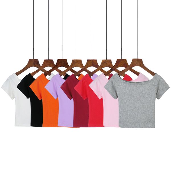 

sell slash neck crop ladies short sleeve t shirt tee black white short t-shirt basic stretch t-shirts