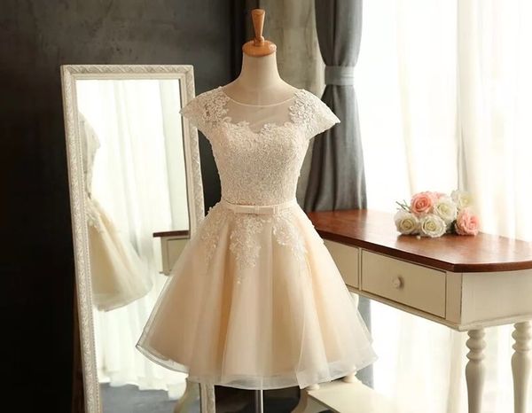 Frete Grátis 2017 Champagne Vestidos de Casamento de Renda Curta Manga Real Foto Sexy Plus Size Vestido De Noiva Vestido