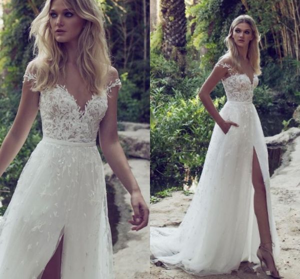 

New Boho Wedding Dresses with Capped Sleeves Side Split Long Lace Tulle Bridal Gowns A Line Dress