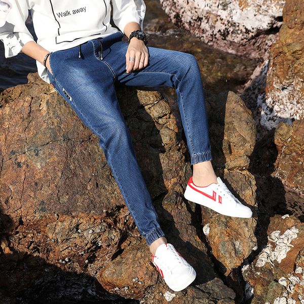 

2018 new men's jeans fashion youth solid color lace slim stretch ankle-length jeans, Blue