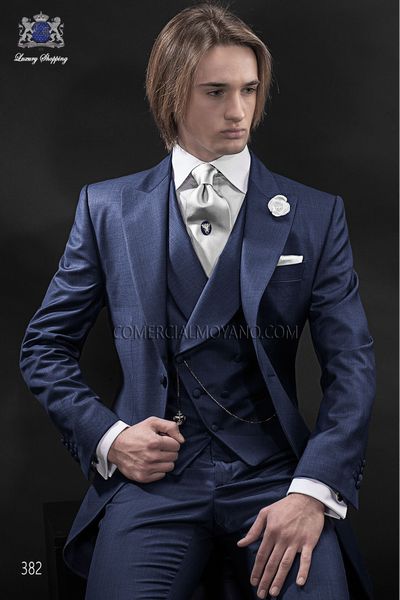 Morning Style Blu Navy Frac Smoking dello sposo Eiegant Uomo Abiti da sposa Uomo di alta qualità Formale Prom Party Blazer (Giacca + Pantaloni + Cravatta + Gilet) 973