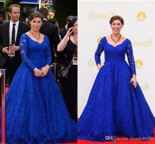 

plus size blue lace celebrity dresses evening wear vintage 2019 emmy awards mayim hoya bialik party v neck long sleeves party dress, Black;red