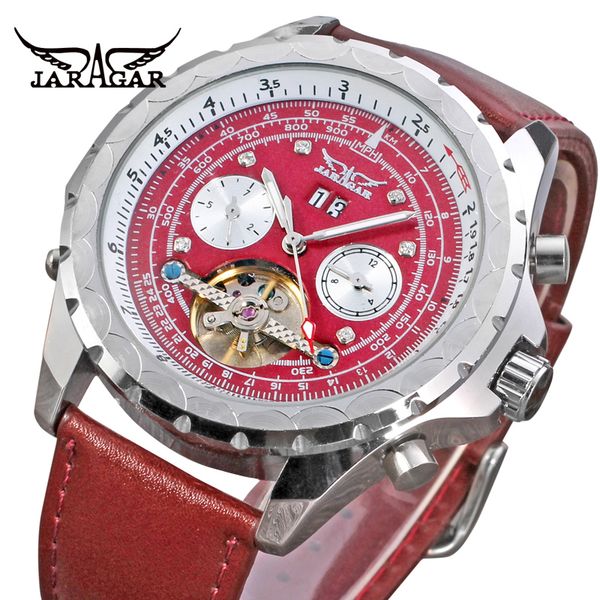 

men's watches unique brand automatic self-winding analogue display calendar leather strap crystal wristwatches jaragar, Slivery;brown