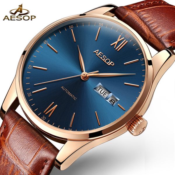 

aesop simple ultra thin watch men automatic mechanical minimalist wrist wristwatch leather band male clock relogio masculino 31 d18100706, Slivery;brown