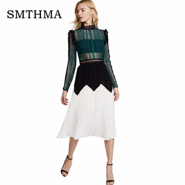 

smthma 2018 new arrival self portrait dress elegant women long sleeve pleated lace dress green white runway patchwork, White;black