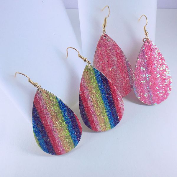 

boho style rainbow glitter teardrop leaf statement pu leather earrings christmas gifts for girls and ladies bohemia fashion jewelry, Silver