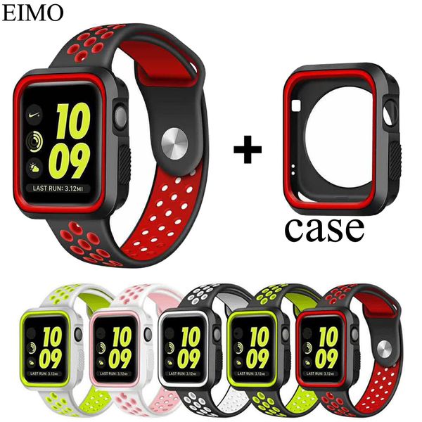

silicone watch strap+watch case band 42mm 38mm replacement band+full protector case 3/2/1 accessories, Black;brown