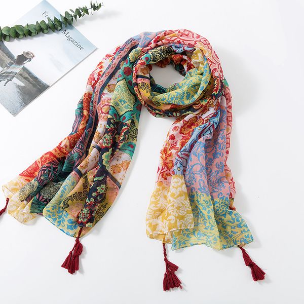 

2018 new fashion cotton and linen ethnic style women's scarves a variety of print art style small fresh fringe women's scarf shawl, Blue;gray