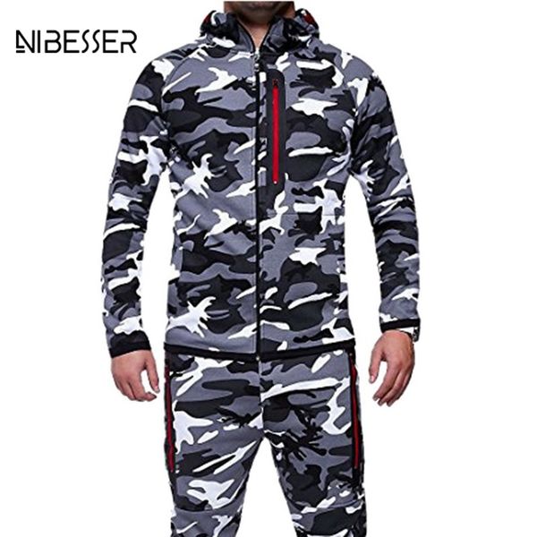 

nibesser 2pc camouflage jacket set male camo printed men's tracksuit pants suits hoodie coat trousers track suit spring, Gray