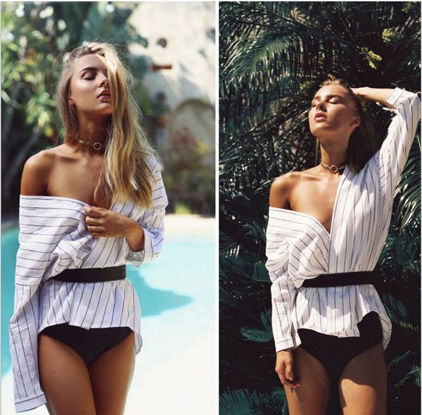 

2018 striped shirt long sleeve blouse women streetwear casual striped shirt europe and the united states new striped off-shoulder shirt, White