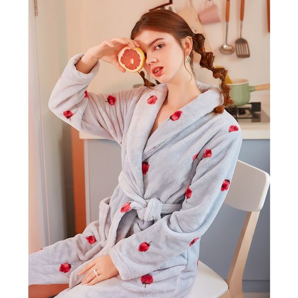 

warm coral fleece winter cartoon fruit cherry pattern women's robe bathrobe female thick warm ladies cute sleepwear 3283, Black;red