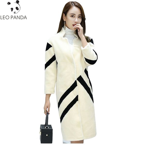 

2018 new winter women long striped cashmere blends warm fahion jackets wool coats sheep ladies fur ladies overcoat, Black