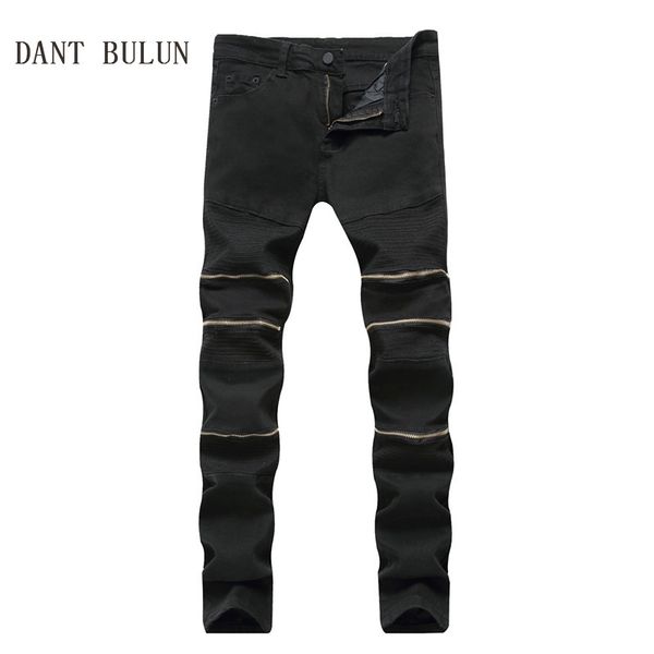 

dant bulun men jeans ripped biker slim skinny motocycle multi zipper denim trousers for male black holes pants,s001, Blue