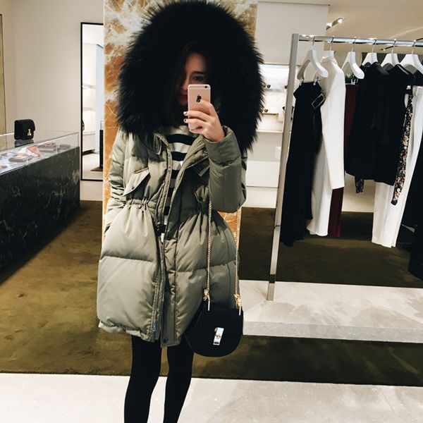 

winter coat women raccoon fur collar jackets 2017 real raccoon fur collar thick warm cotton midties waist coat, Black