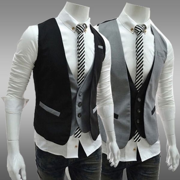 

2014 fashion casual single breasted suit vest men slim fit vests tank, Black;white
