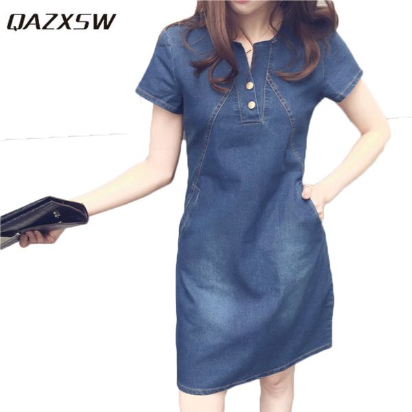 QAZXSW 2018 Plus Größe Kleider Für Frauen Sommer Denim Kleid Harajuku Frauen Casual Jeans Kleid Mit Tasche Vestidos Feminino HB660
