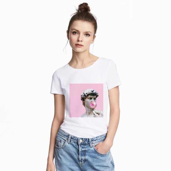 

summer women david michelangelo statue bubble gum print tshirt bubblegum sculpture t-shirt short sleeve cotton funny t shirts, White