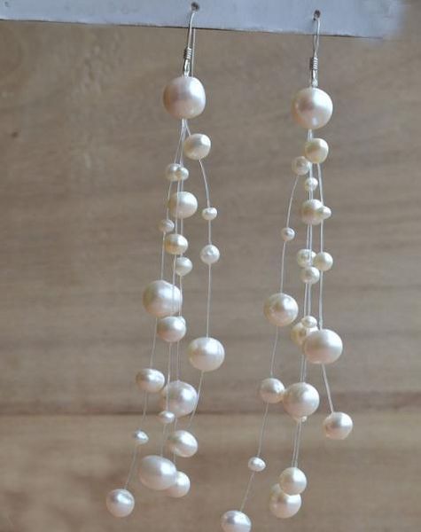

floating pearl earrings,illusion white color freshwater pearl dangle earring,multistrand jewellery,wedding bridesmaid gift, Silver
