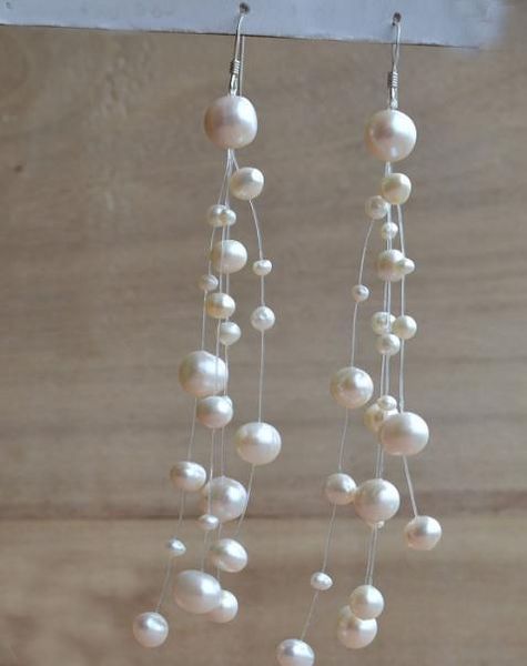 Orecchini a perle galleggianti, illusione di colore bianco di colore bianco Orecchino di perla d'acqua dolce, gioielli multistrand, regalo da damigella d'onore da sposa