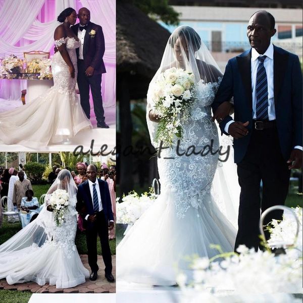 

plus size mermaid wedding dresses 2018 3d floral lace off shoulder south african outdoor garden trumpet country wedding bridal dress, White