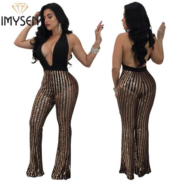 

imysen summer jumpsuit women romper new halter backless sequin party jumpsuits one piece chic outfit, Black;white