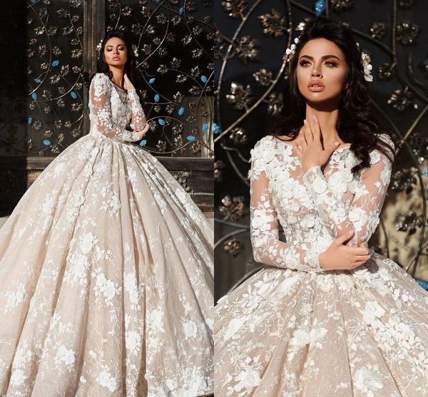 

новое прибытие 2018 роскошные кружева 3d цветочные аппликации свадебные платья старинные длинные рукава развертки поезд лин свадебные платья, White