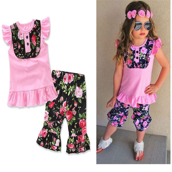 

2018 new baby girls sets pink shirts + floral capri pants 2pcs sets kids ins summer clothing children girl ruffle shorts clothes z11, White