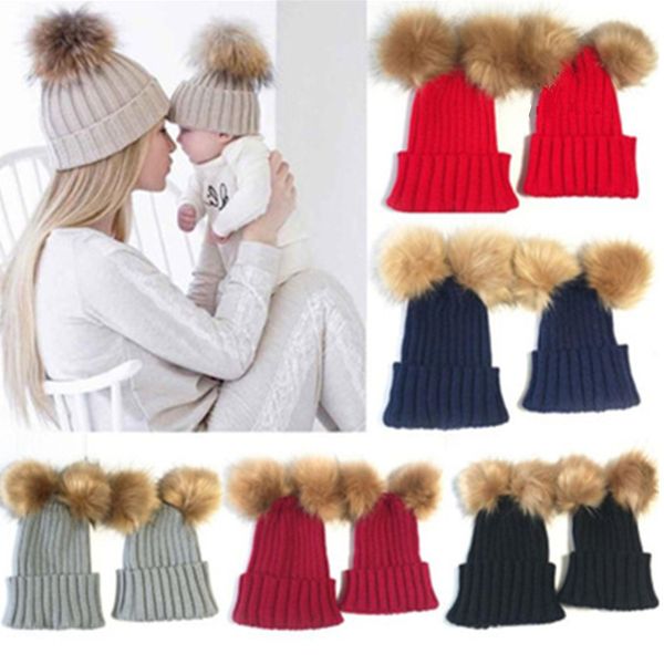 

cute winter hats for women faux fur two pom pom hat lovely kids knitted beanie girls cap skullies beanies warm caps parent-child, Blue;gray