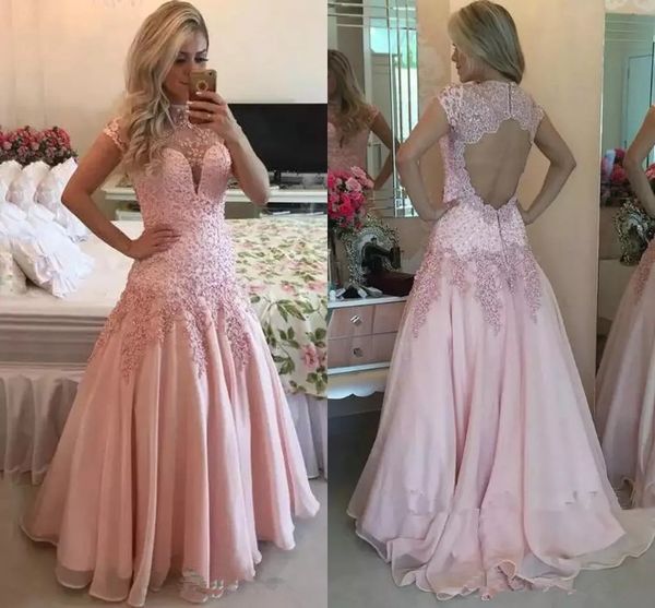 

Vintage High Neck Short Sleeves Pink Prom Dress 2019 Sheer Neck Sexy Open Back A-Line Chiffon Lace Beaded Long Evening Gown Custom Made
