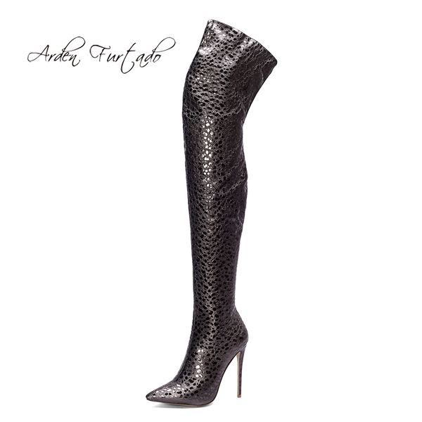 

arden furtado 2018 autumn winter zipper stilettos party shoes ladies zipper pointed toe over the knee thigh high booties 41, Black