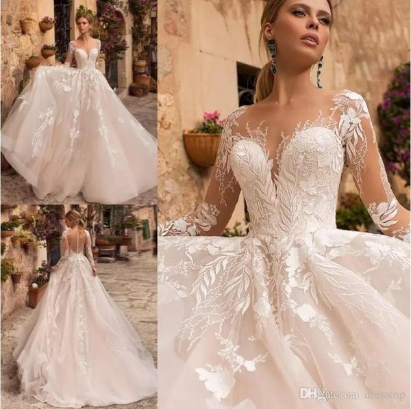 Naviblue 2019 Gelinlik Sheer Boyun Uzun Kollu Dantel Aplike Gelinlikler Robe De Mariée Orta Doğu Custom Made Plaj Gelinlik