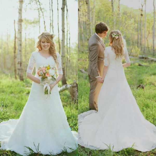 

elegant wedding dresses lace v-neck a line lace vintage modest wedding dresses with sleeves 10, White