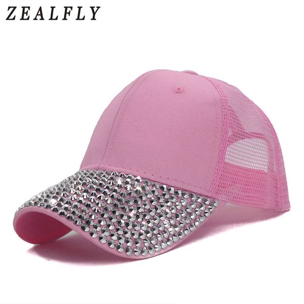 

pink summer breathable mesh truck cap bling rhinestone women cap new casual beach visor adjustable hip hop snapback baseball, Blue;gray