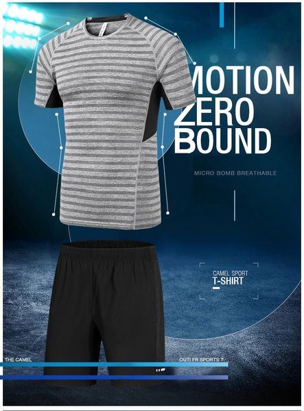 

summer men stripe tracksuit new mens o-neck short sleeves pullover with casual jogger shorts skintight running suits homme sportsuit, Gray