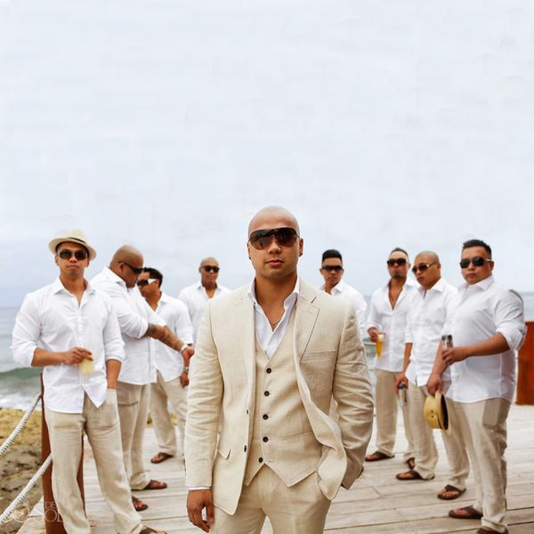 Custom Made Linen Summer Beach Wedding Groom Tuxedo Slim Fit Men Suits Handsome Best Man Blazers 3 Pieces Jacket Pants Vest Groomsmen Prom