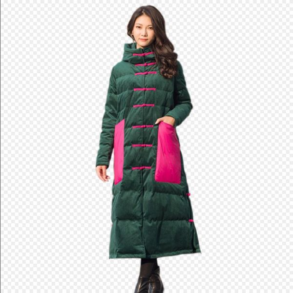 

winter velvet fabric retro single breasted duck down coat female hit color pockets design thicker longer warm down coats wq520, Black
