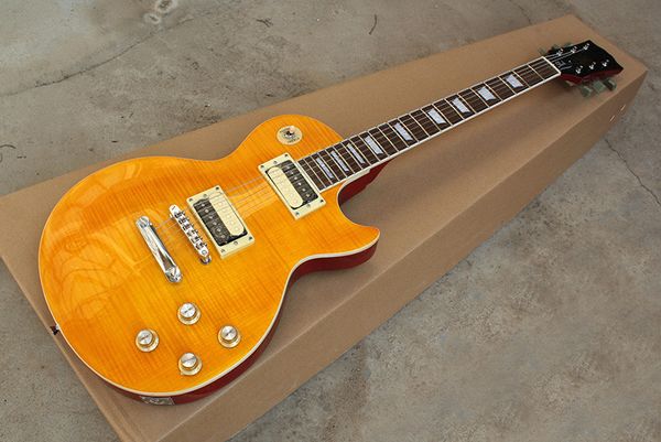 

yellow electric guitar with rosewood fingerboard,flame maple veneer,hh pickups,fixed bridge,offering customized services