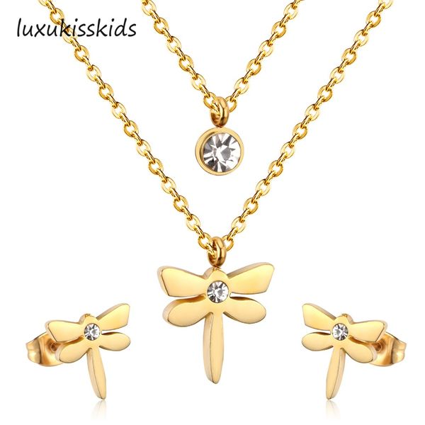 

luxukisskids new arrival dragonfly zircon double necklaces and earrings jewelry sets,316 stainless steel sets, Silver