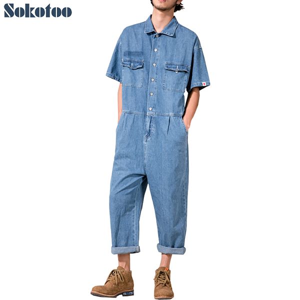 

sokotoo men's ankle length loose short sleeves denim crop jumpsuits casual pockets cargo overalls working coveralls, Blue