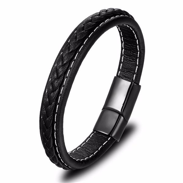 

punk men jewelry black braided leather bracelet stainless steel magnetic clasp fashion bangles 18.5/22/20.5cm