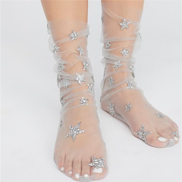 

female socks for girls shiny glitter stars long heap socks harajuku kawaii ankle hosiery transparent mesh women's, Black;white